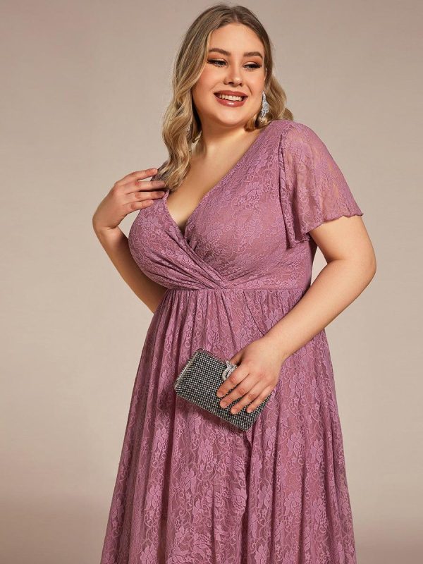 Plus Size Short Sleeve Ruffled V-Neck A-Line Lace Wedding Guest Dress - Image 31
