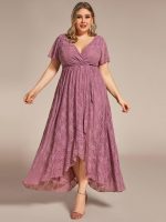 Plus Size Short Sleeve Ruffled V-Neck A-Line Lace Wedding Guest Dress - Image 33