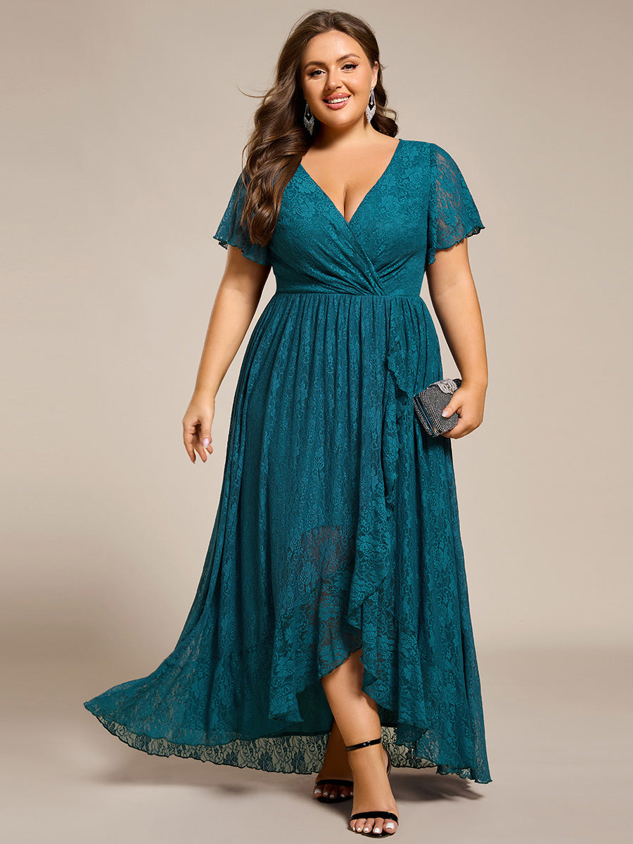 EE01489TE-PR4_070a00f5-fb0f-4600-9d28-9598d220cbfe Plus Size Short Sleeve Ruffled V-Neck A-Line Lace Wedding Guest Dress - Image 61