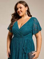 Plus Size Short Sleeve Ruffled V-Neck A-Line Lace Wedding Guest Dress - Image 59