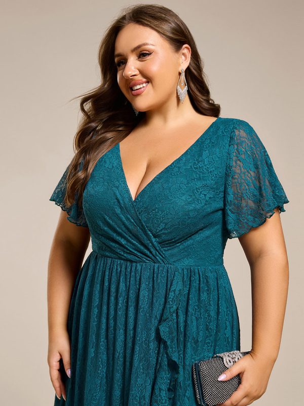 Plus Size Short Sleeve Ruffled V-Neck A-Line Lace Wedding Guest Dress - Image 59
