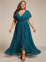 Plus Size Short Sleeve Ruffled V-Neck A-Line Lace Wedding Guest Dress - Image 57