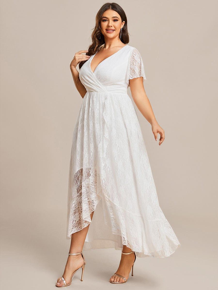 EE01489WH-PR3_fd536334-1055-4170-ba3c-2b7b5ff79e60 Plus Size Short Sleeve Ruffled V-Neck A-Line Lace Wedding Guest Dress - Image 24