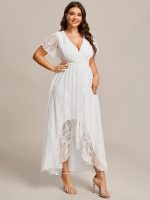 Plus Size Short Sleeve Ruffled V-Neck A-Line Lace Wedding Guest Dress - Image 21