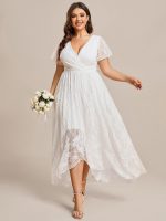 Plus Size Short Sleeve Ruffled V-Neck A-Line Lace Wedding Guest Dress - Image 25