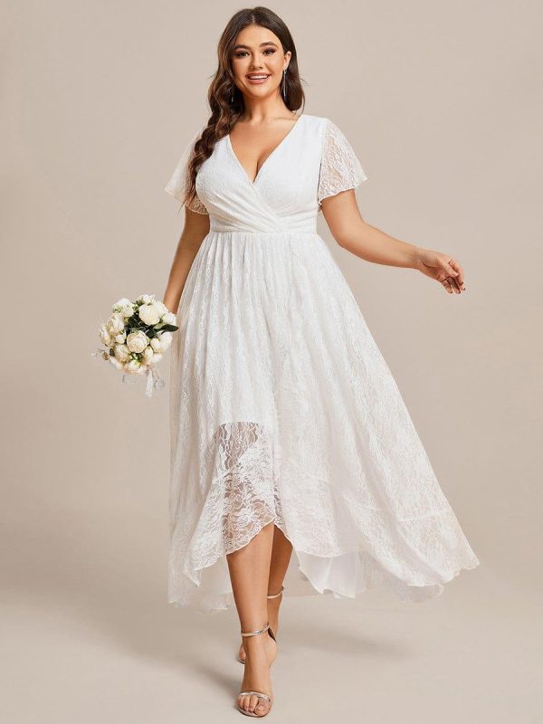 Plus Size Short Sleeve Ruffled V-Neck A-Line Lace Wedding Guest Dress - Image 25