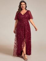 Short Sleeves Sequin High Low V-Neck Midi Formal Evening Dress - Image 21