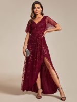 Short Sleeves Sequin High Low V-Neck Midi Formal Evening Dress - Image 16