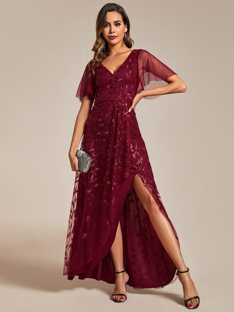 EE02083BD-R Short Sleeves Sequin High Low V-Neck Midi Formal Evening Dress - Image 16
