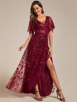 Short Sleeves Sequin High Low V-Neck Midi Formal Evening Dress - Image 19