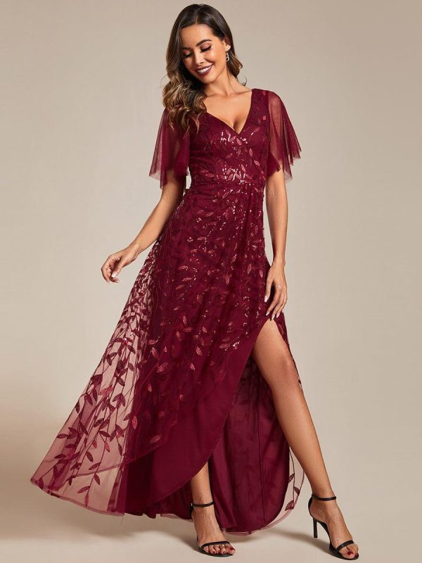 Short Sleeves Sequin High Low V-Neck Midi Formal Evening Dress - Image 19