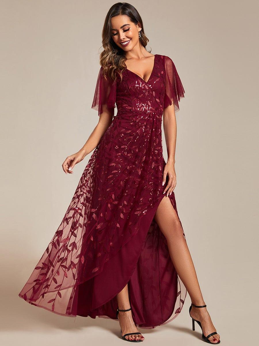 EE02083BD-R4 Short Sleeves Sequin High Low V-Neck Midi Formal Evening Dress - Image 19