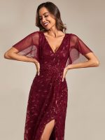 Short Sleeves Sequin High Low V-Neck Midi Formal Evening Dress - Image 18