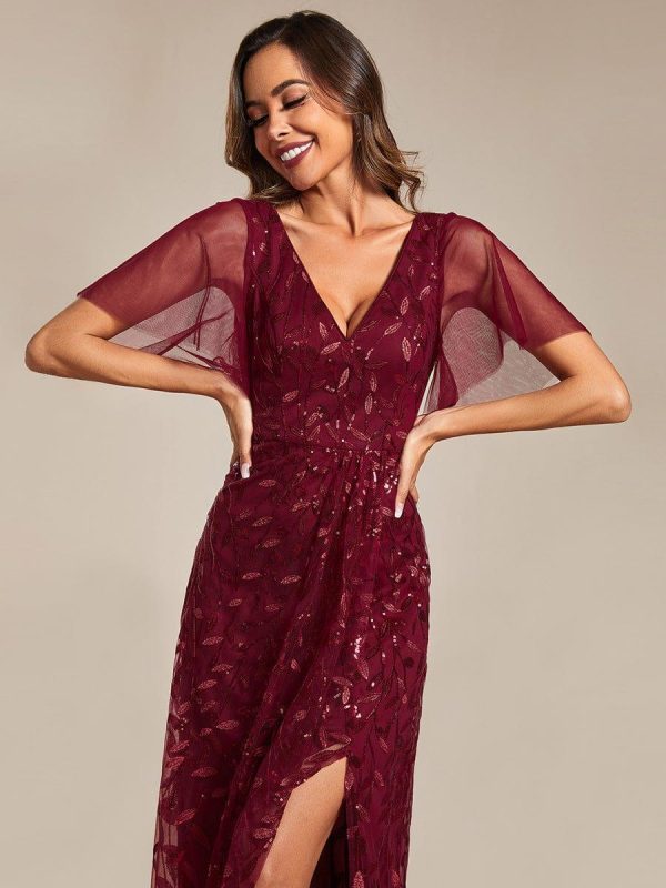 Short Sleeves Sequin High Low V-Neck Midi Formal Evening Dress - Image 18