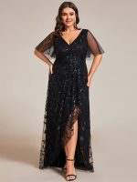 Short Sleeves Sequin High Low V-Neck Midi Formal Evening Dress - Image 62