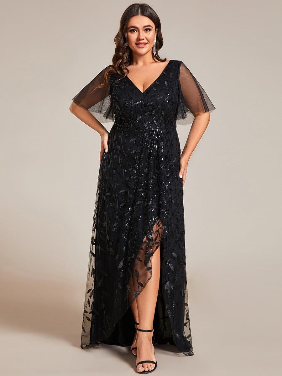 EE02083BK-PR3_0579d957-d2b6-4c4d-ad12-a06ad077e4f2 Short Sleeves Sequin High Low V-Neck Midi Formal Evening Dress - Image 62