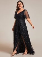 Short Sleeves Sequin High Low V-Neck Midi Formal Evening Dress - Image 63