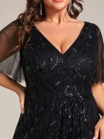 Short Sleeves Sequin High Low V-Neck Midi Formal Evening Dress - Image 61