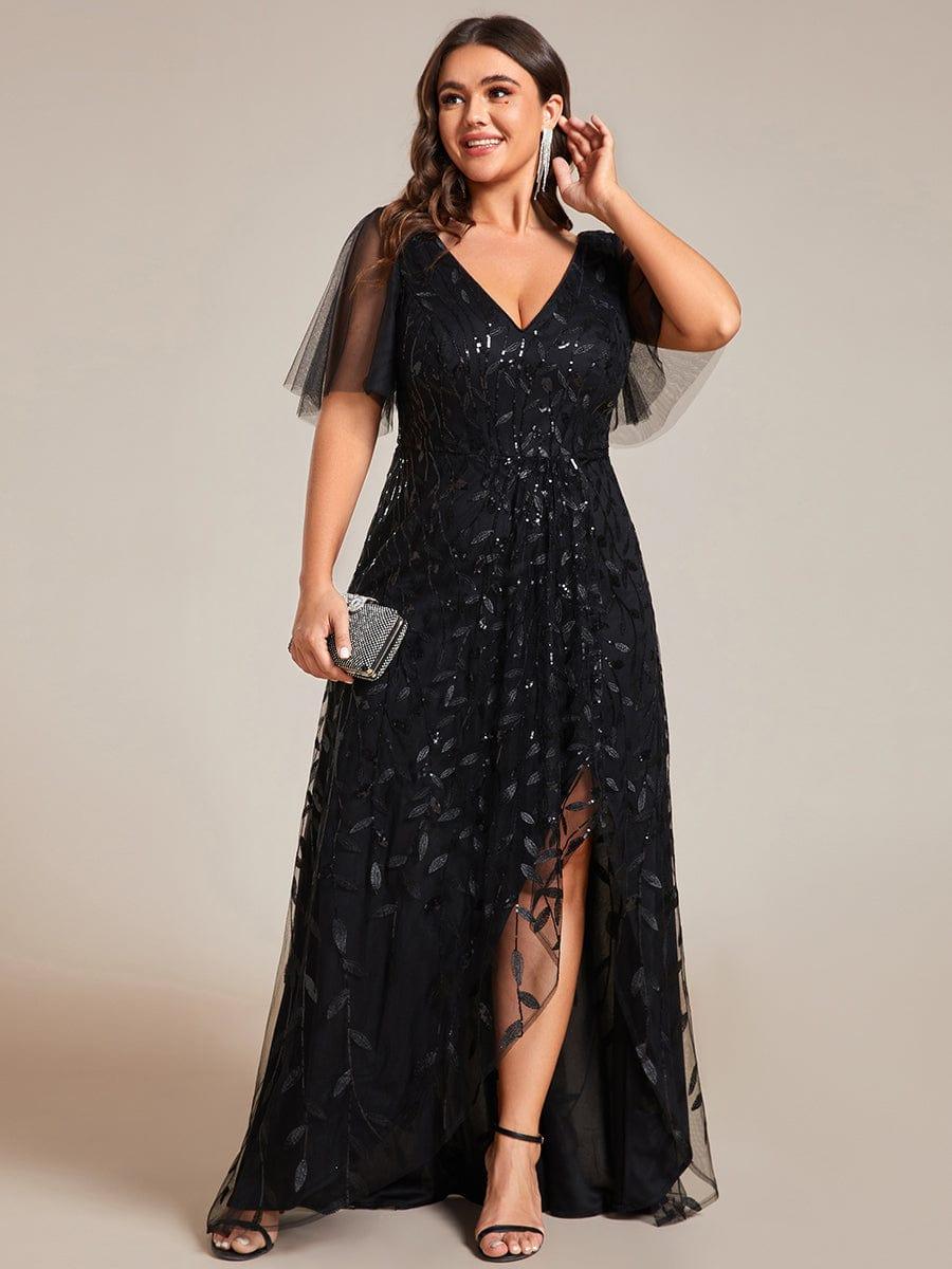 EE02083BK-PR_26994688-91cf-4dfe-bb5a-e9a30cd0297c Short Sleeves Sequin High Low V-Neck Midi Formal Evening Dress - Image 59