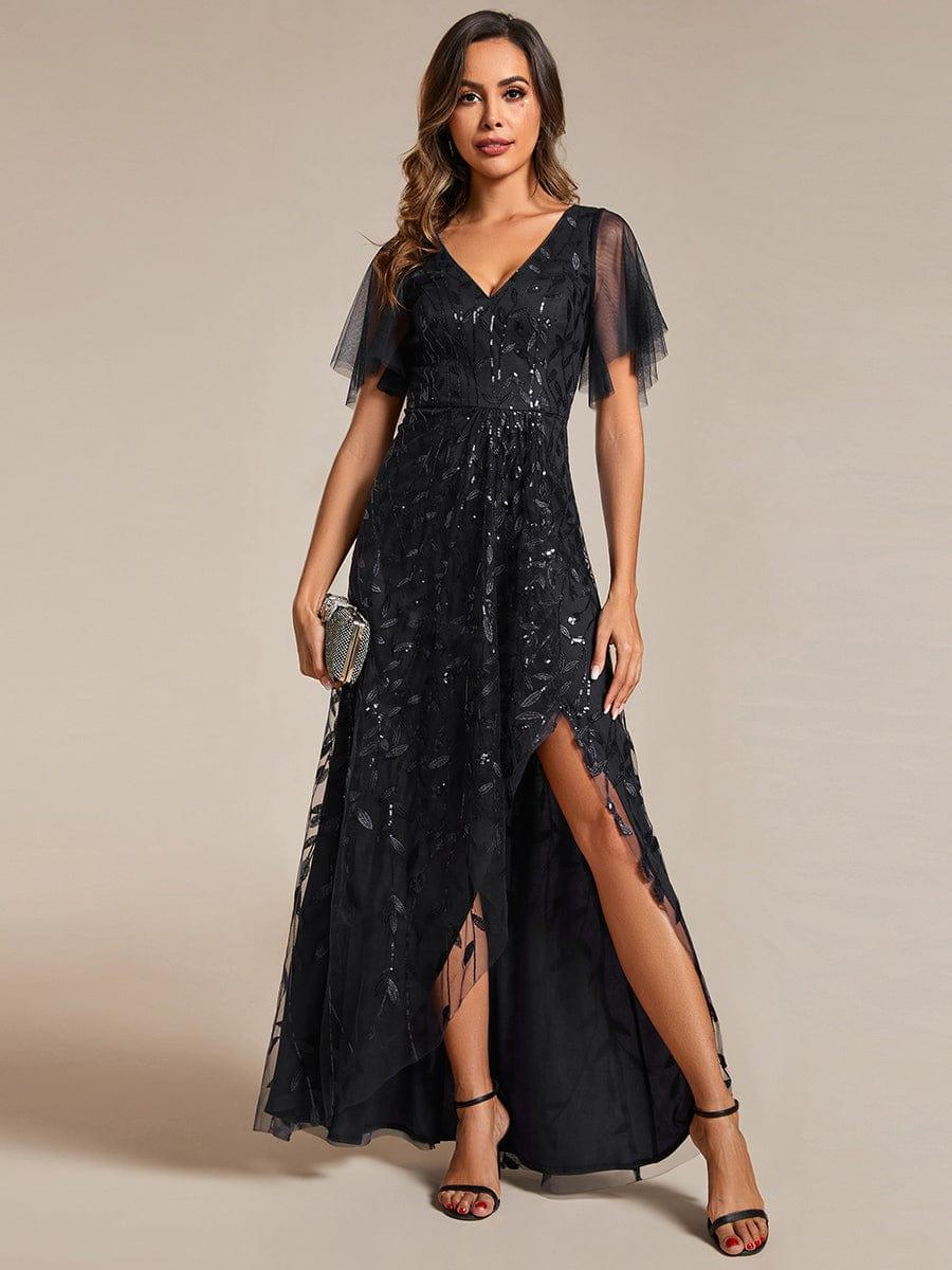 EE02083BK-R Short Sleeves Sequin High Low V-Neck Midi Formal Evening Dress - Image 57