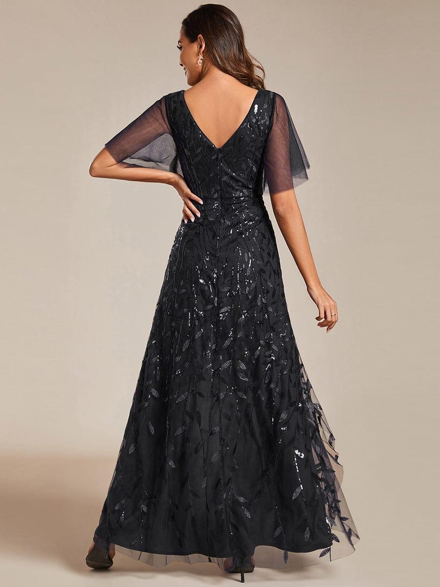 EE02083BK-R2 Short Sleeves Sequin High Low V-Neck Midi Formal Evening Dress - Image 55