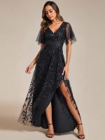 Short Sleeves Sequin High Low V-Neck Midi Formal Evening Dress - Image 58