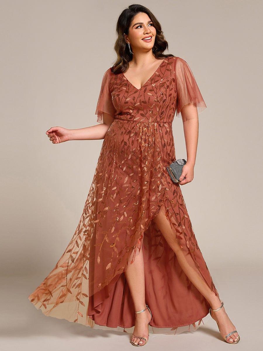 EE02083BO-PR Short Sleeves Sequin High Low V-Neck Midi Formal Evening Dress - Image 69