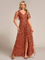 Short Sleeves Sequin High Low V-Neck Midi Formal Evening Dress - Image 68