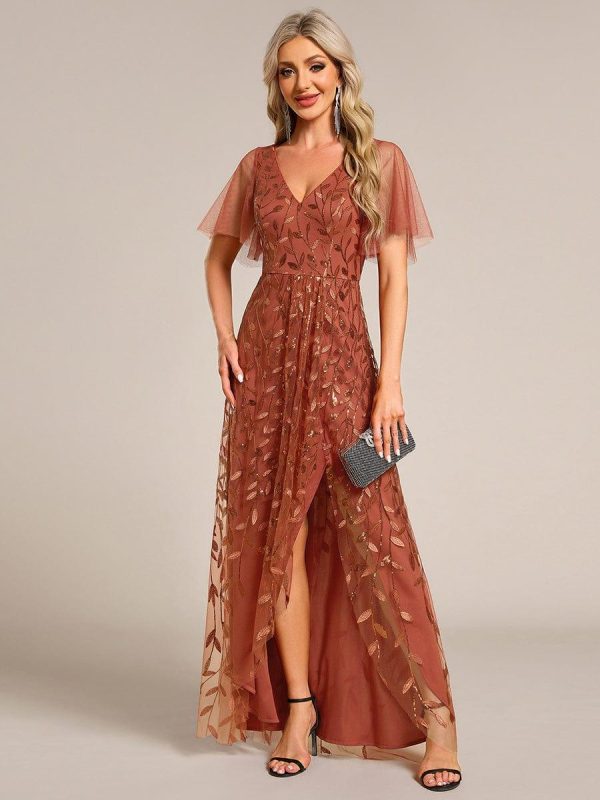 Short Sleeves Sequin High Low V-Neck Midi Formal Evening Dress - Image 64