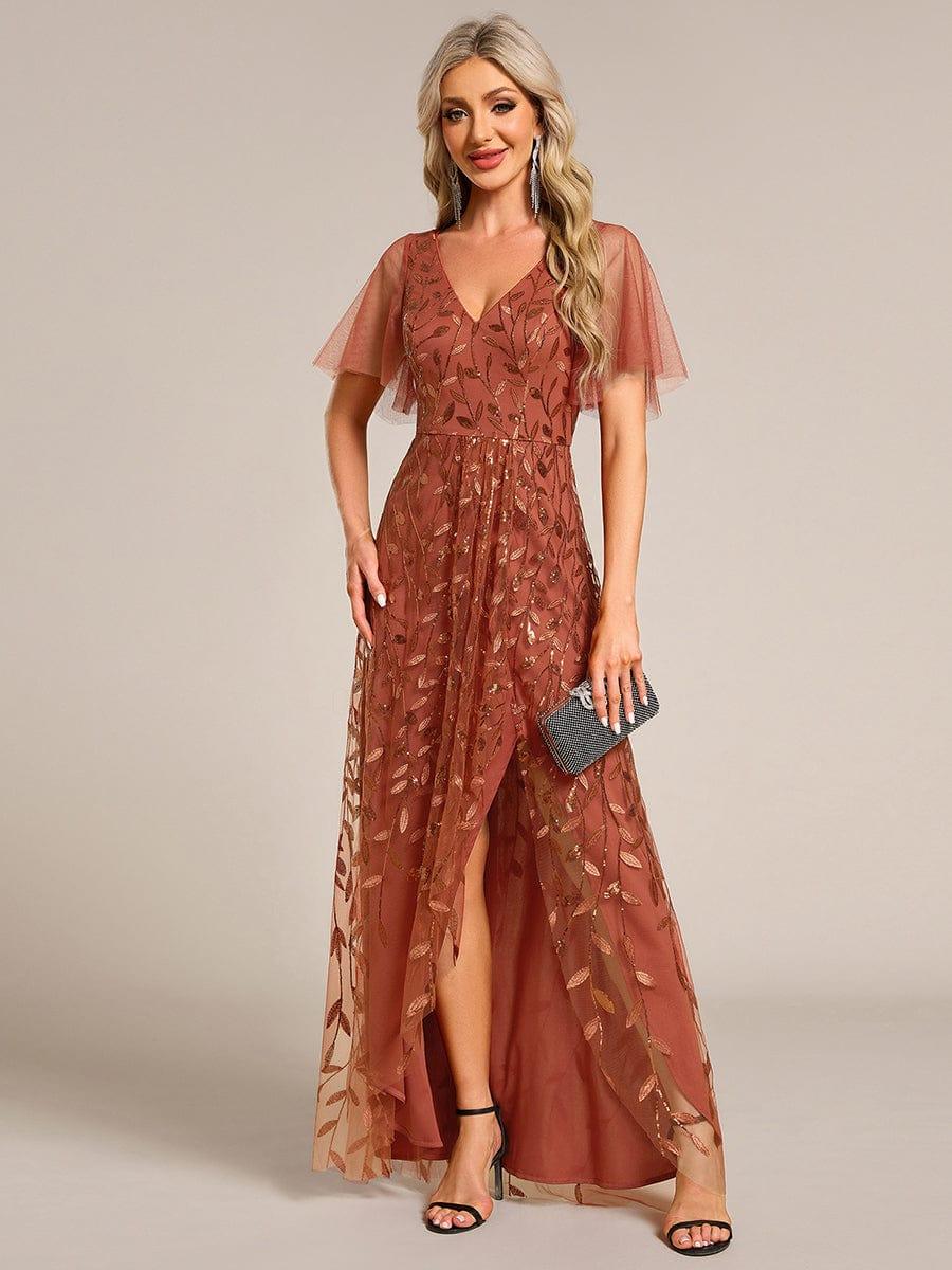 EE02083BO-R3 Short Sleeves Sequin High Low V-Neck Midi Formal Evening Dress - Image 64