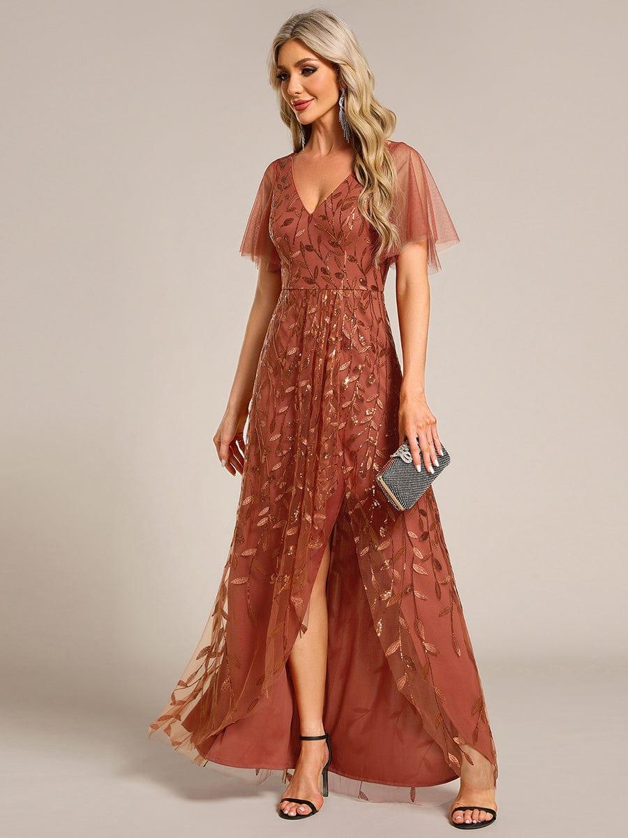 EE02083BO-R4 Short Sleeves Sequin High Low V-Neck Midi Formal Evening Dress - Image 67