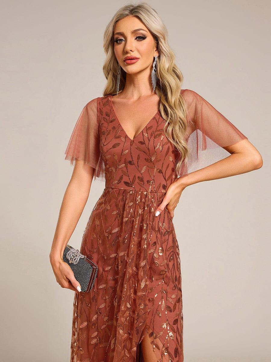 EE02083BO-R5 Short Sleeves Sequin High Low V-Neck Midi Formal Evening Dress - Image 66