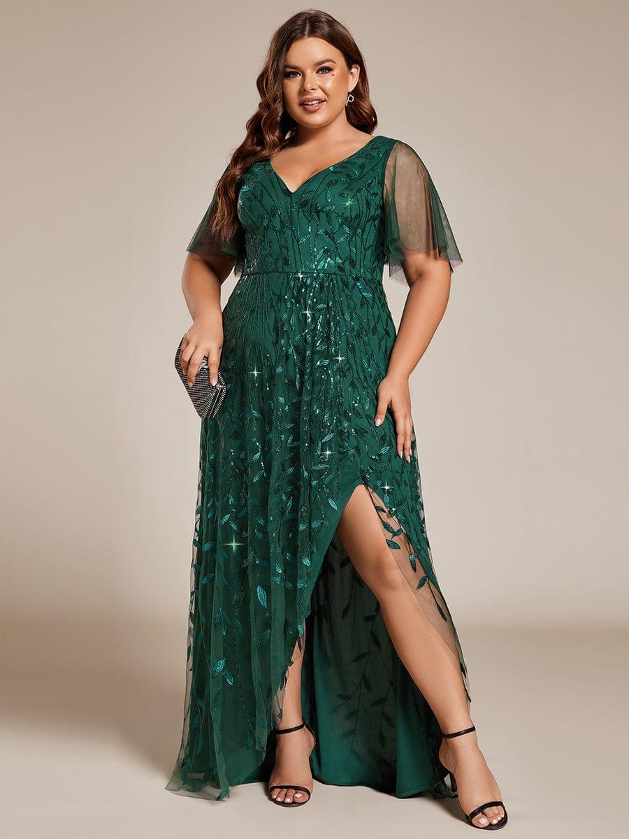 EE02083DG-PR Short Sleeves Sequin High Low V-Neck Midi Formal Evening Dress - Image 43