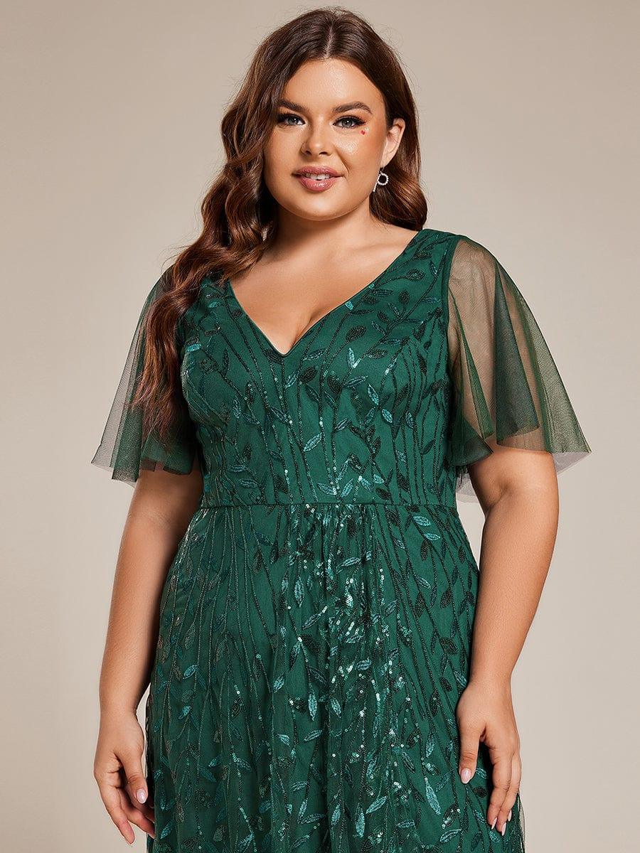 EE02083DG-PR5 Short Sleeves Sequin High Low V-Neck Midi Formal Evening Dress - Image 45