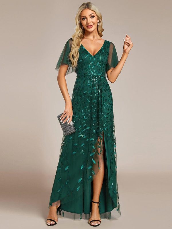 Short Sleeves Sequin High Low V-Neck Midi Formal Evening Dress - Image 1