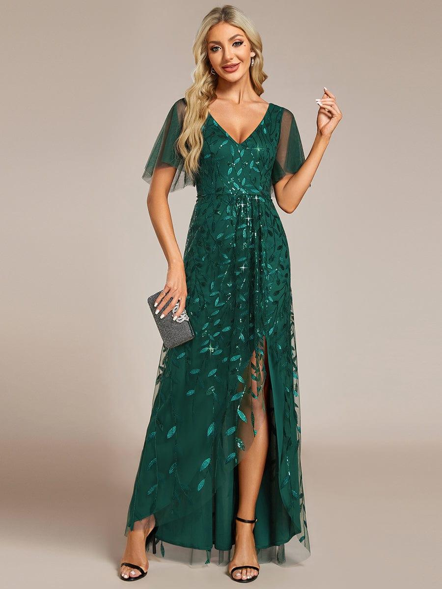 EE02083DG-R Short Sleeves Sequin High Low V-Neck Midi Formal Evening Dress - Image 1