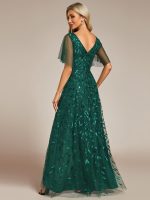 Short Sleeves Sequin High Low V-Neck Midi Formal Evening Dress - Image 2
