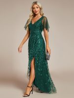 Short Sleeves Sequin High Low V-Neck Midi Formal Evening Dress - Image 41