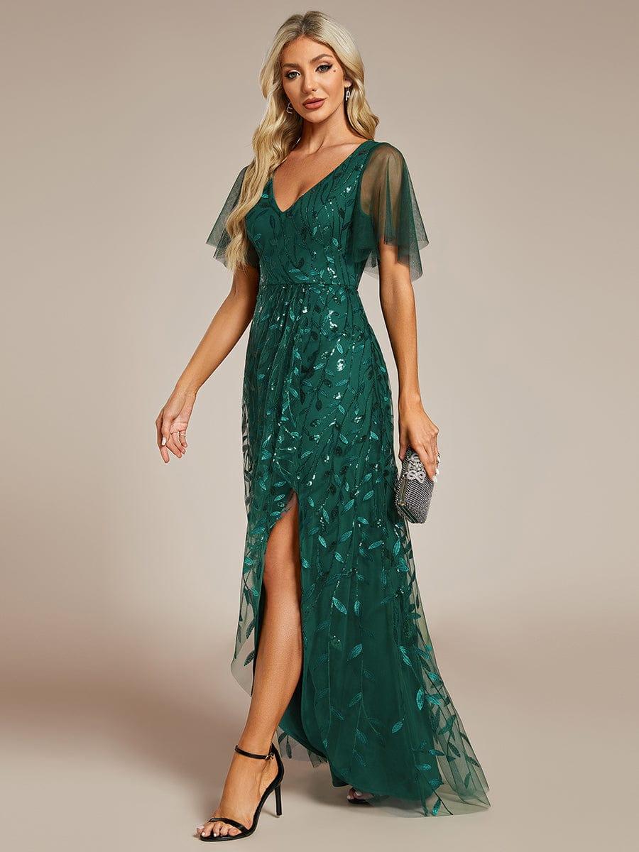 EE02083DG-R3 Short Sleeves Sequin High Low V-Neck Midi Formal Evening Dress - Image 41