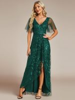 Short Sleeves Sequin High Low V-Neck Midi Formal Evening Dress - Image 42