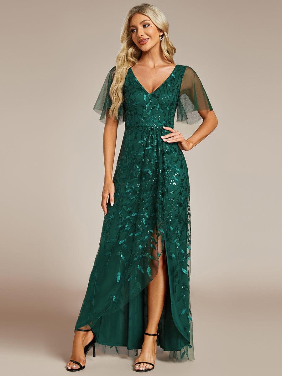 EE02083DG-R4 Short Sleeves Sequin High Low V-Neck Midi Formal Evening Dress - Image 42