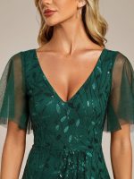 Short Sleeves Sequin High Low V-Neck Midi Formal Evening Dress - Image 40