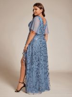 Short Sleeves Sequin High Low V-Neck Midi Formal Evening Dress - Image 30
