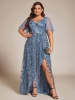 Short Sleeves Sequin High Low V-Neck Midi Formal Evening Dress - Image 29
