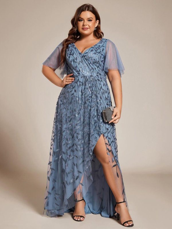Short Sleeves Sequin High Low V-Neck Midi Formal Evening Dress - Image 29