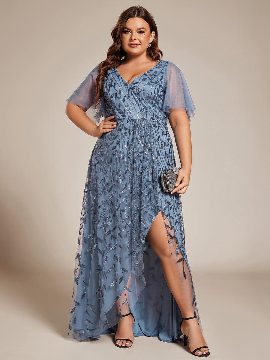 EE02083DN-PR4 Short Sleeves Sequin High Low V-Neck Midi Formal Evening Dress - Image 29