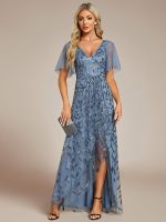 Short Sleeves Sequin High Low V-Neck Midi Formal Evening Dress - Image 27