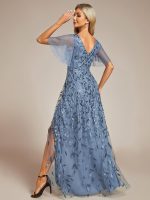 Short Sleeves Sequin High Low V-Neck Midi Formal Evening Dress - Image 4