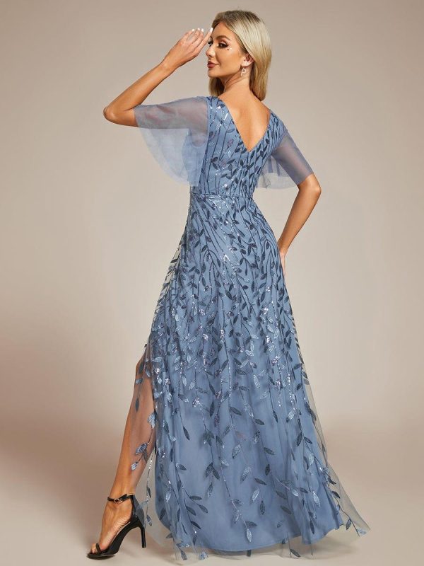 Short Sleeves Sequin High Low V-Neck Midi Formal Evening Dress - Image 4