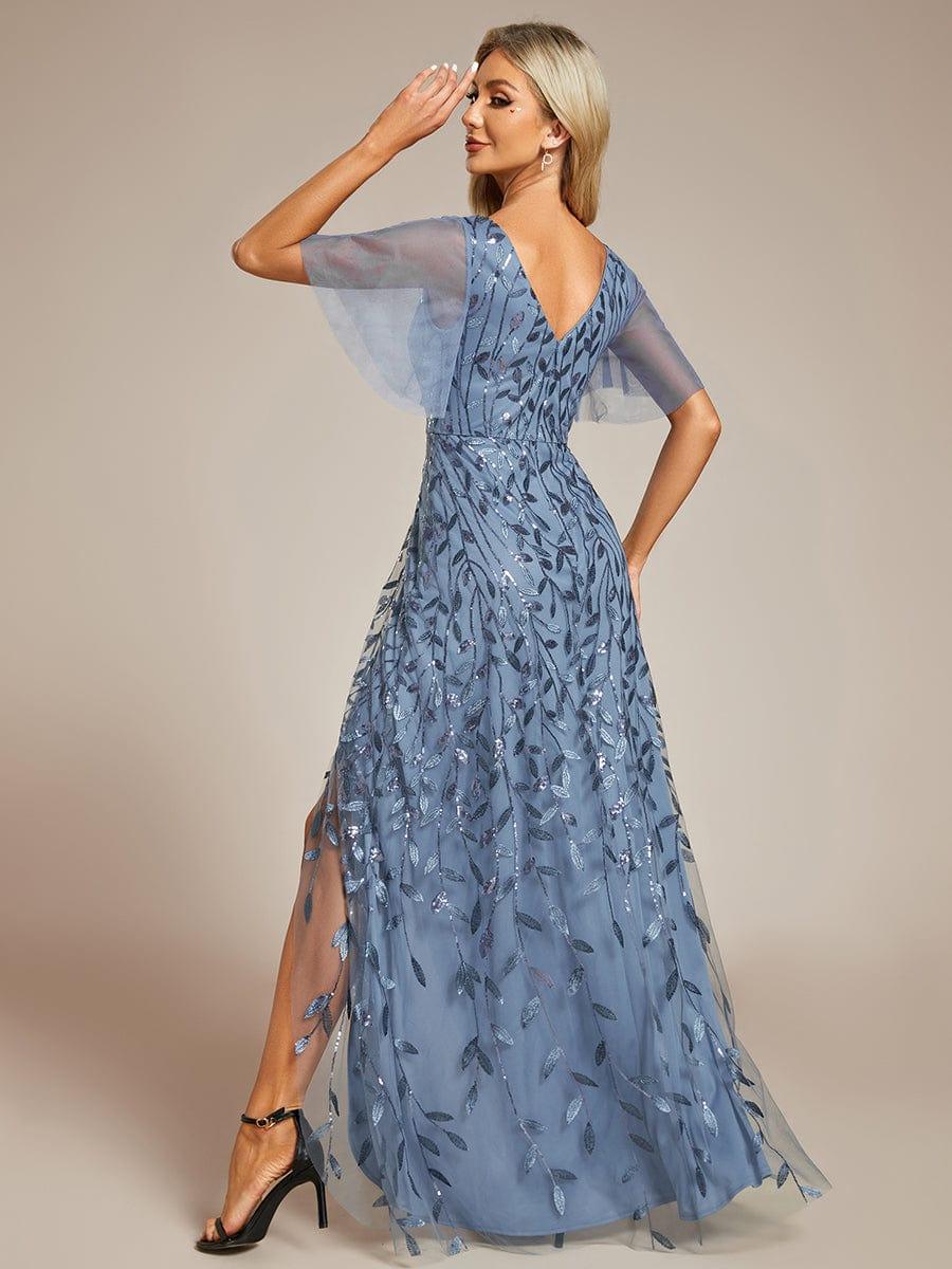 EE02083DN-R2 Short Sleeves Sequin High Low V-Neck Midi Formal Evening Dress - Image 4